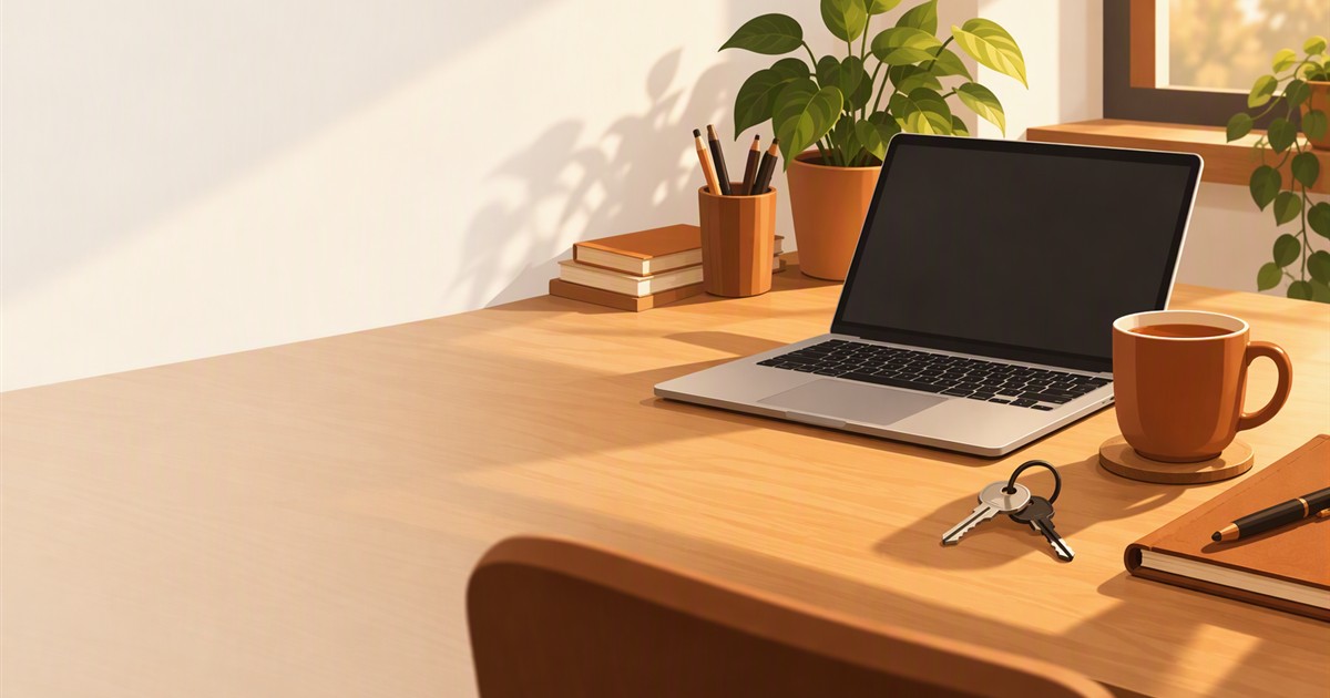 A sunny desk with an open laptop, a cup of tea and a set of keys beside it